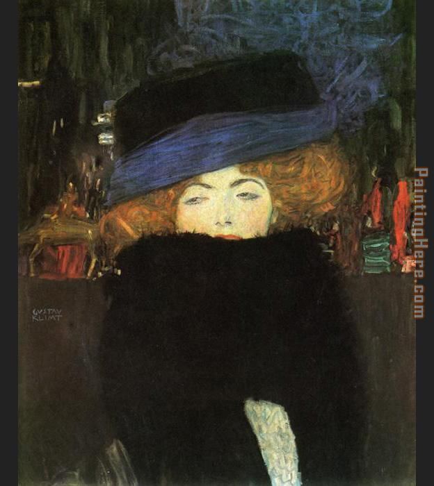 lady with hat and feather boa painting - Gustav Klimt lady with hat and feather boa art painting